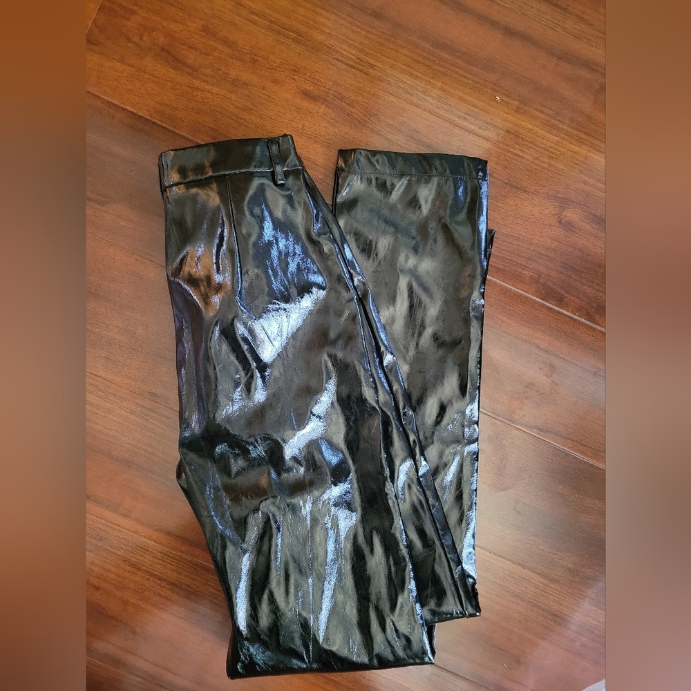 Salty Black Patent Vinyl Pants Size S Glossy Faux Leather Straight Leg - Picture 3 of 5